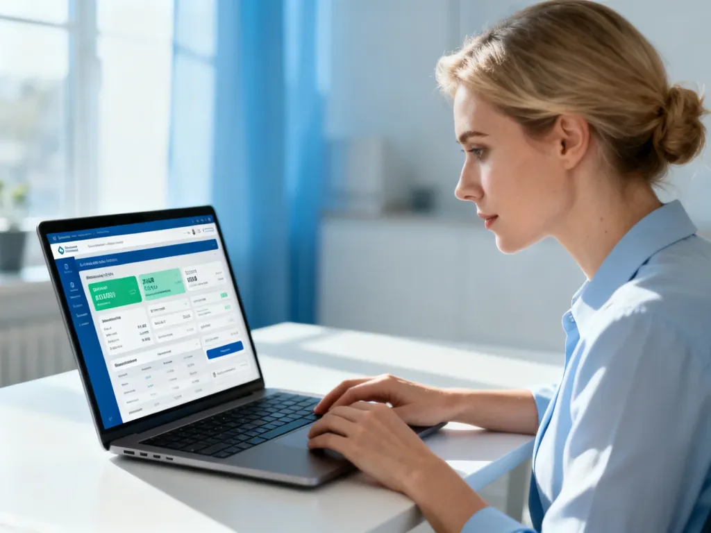 Kobieta przy laptopie w nowoczesnym biurze, zarządzająca kontem energetycznym online.