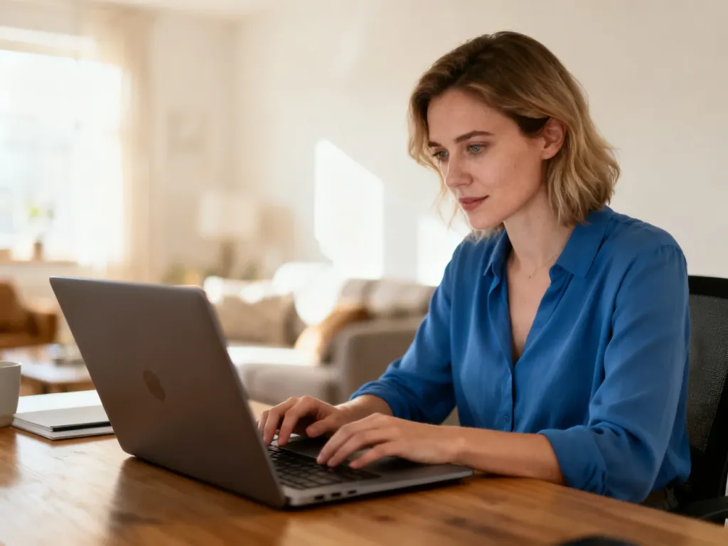Kobieta pracująca przy laptopie w nowoczesnym biurze domowym, korzystająca z usług online w przyjaznym otoczeniu.