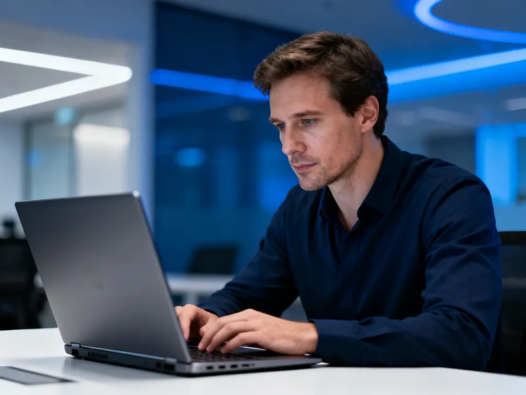 Mężczyzna skupiony na pracy przy laptopie w nowoczesnym biurze, ilustrujący proces logowania do systemu Merlin X.