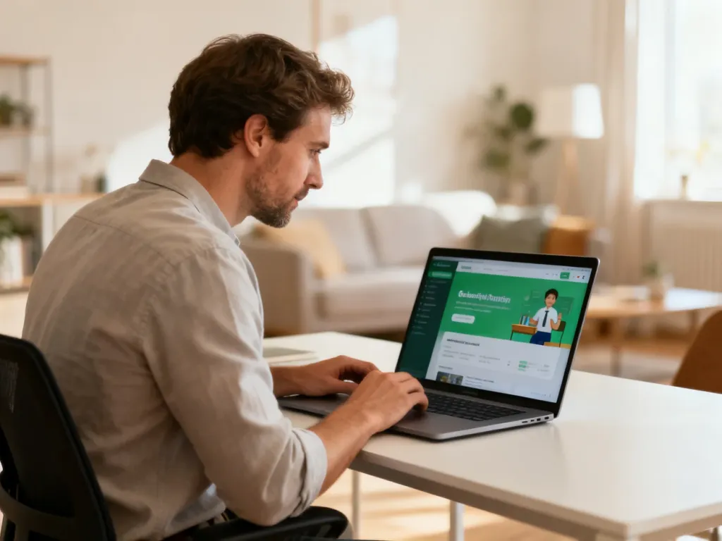 Mężczyzna korzystający z laptopa w nowoczesnym domowym biurze, logujący się do platformy edukacyjnej.