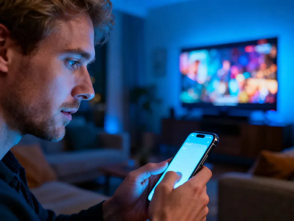 Mężczyzna trzymający smartfon z podświetlonym ekranem w przytulnym salonie, przygotowujący się do logowania w serwisie HBO Max.