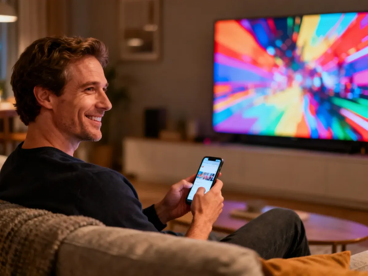 Mężczyzna uśmiechnięty podczas korzystania ze smartfona w nowoczesnym salonie z włączonym telewizorem w tle.