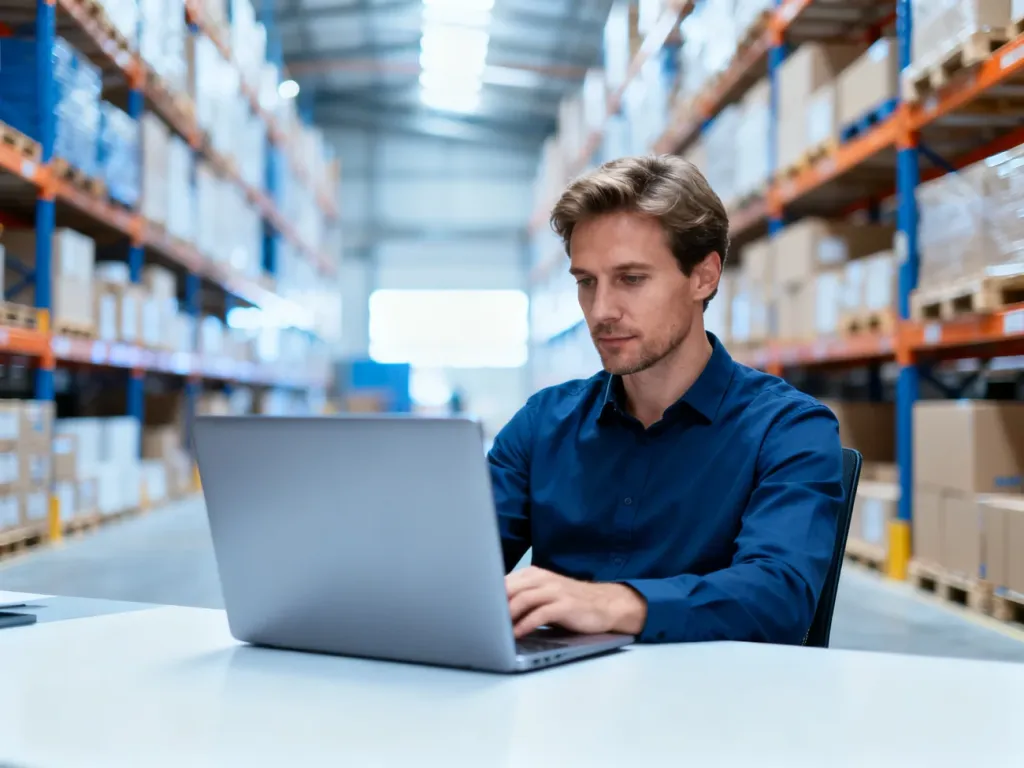 Pracownik biurowy korzystający z laptopa na tle nowoczesnego magazynu logistycznego.