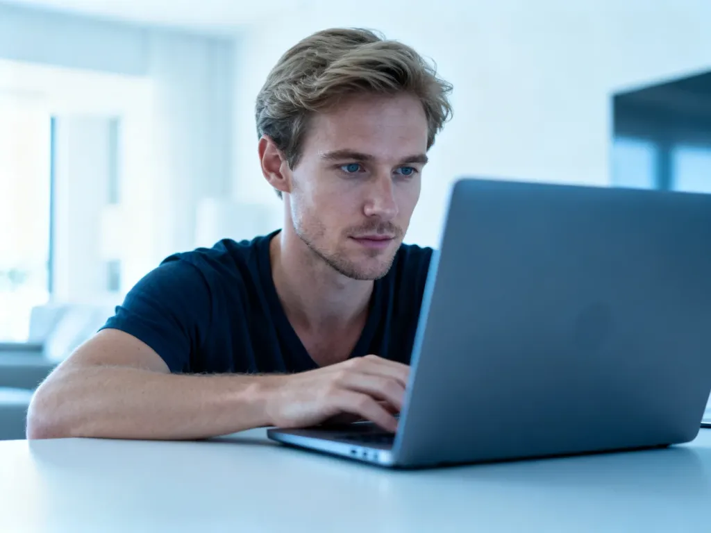 Mężczyzna skupiony na pracy przy laptopie w nowoczesnym domowym biurze, symbolizujący wygodny dostęp do konta online.