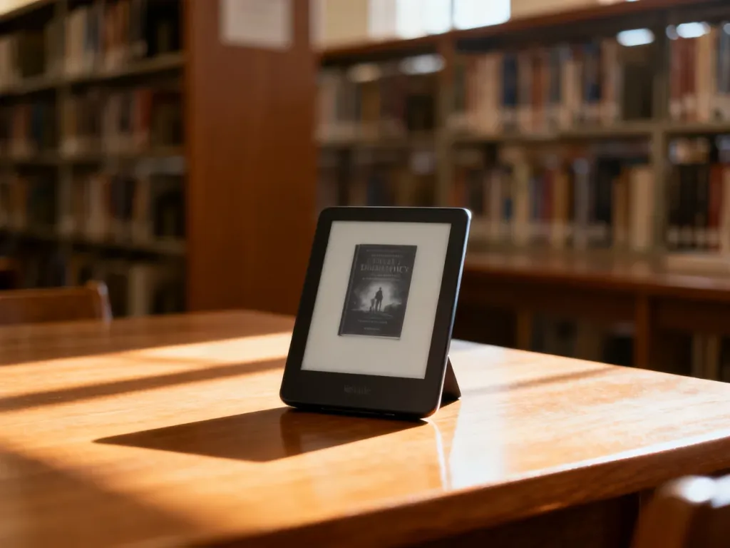 Nowoczesny czytnik e-booków z wyświetloną okładką książki na drewnianym stole w bibliotece w świetle poranka.