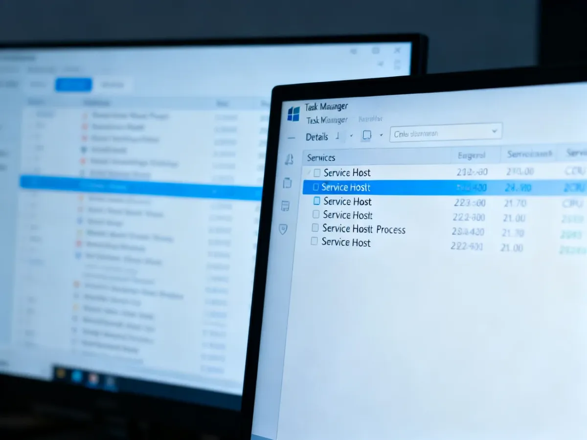Menedżer zadań Windows z obciążoną instancją procesu Service Host i podświetlonymi usługami