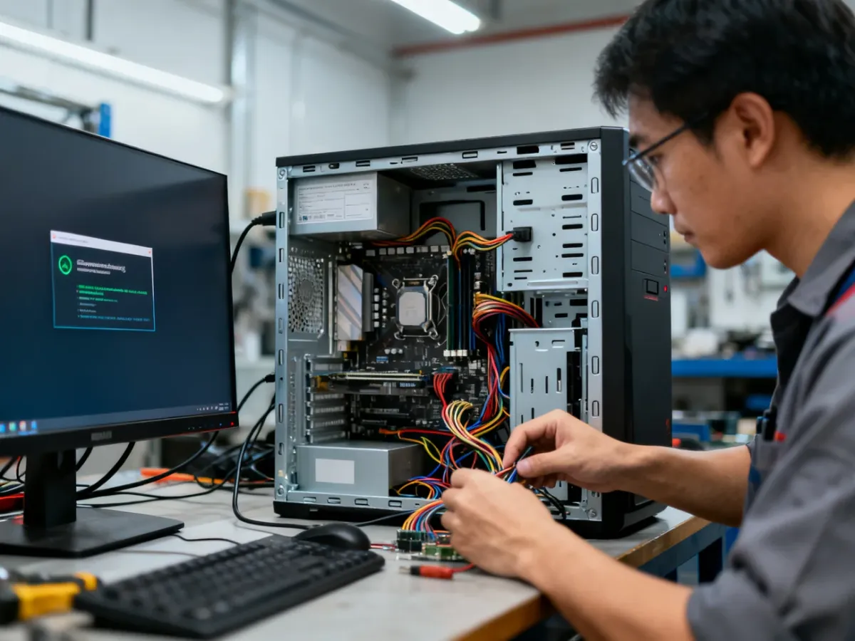 Technik diagnozujący komputer z otwartą obudową