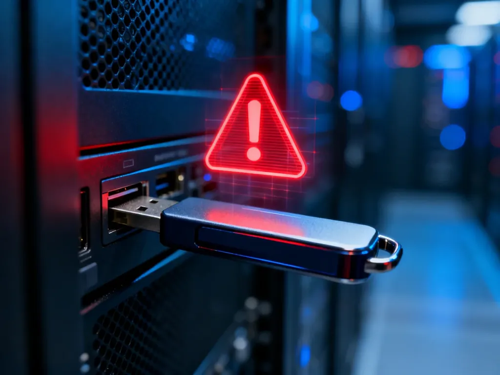 Pendrive wpięty do komputera z czerwoną ikoną ostrzeżenia, symbolizujący błąd ochrony przed zapisem danych.