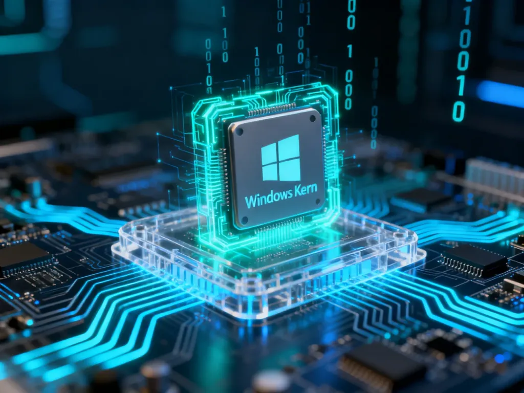 Wizualizacja cyfrowego rdzenia systemu Windows z podświetlonymi obwodami płyty głównej, symbolizująca działanie jądra systemu.