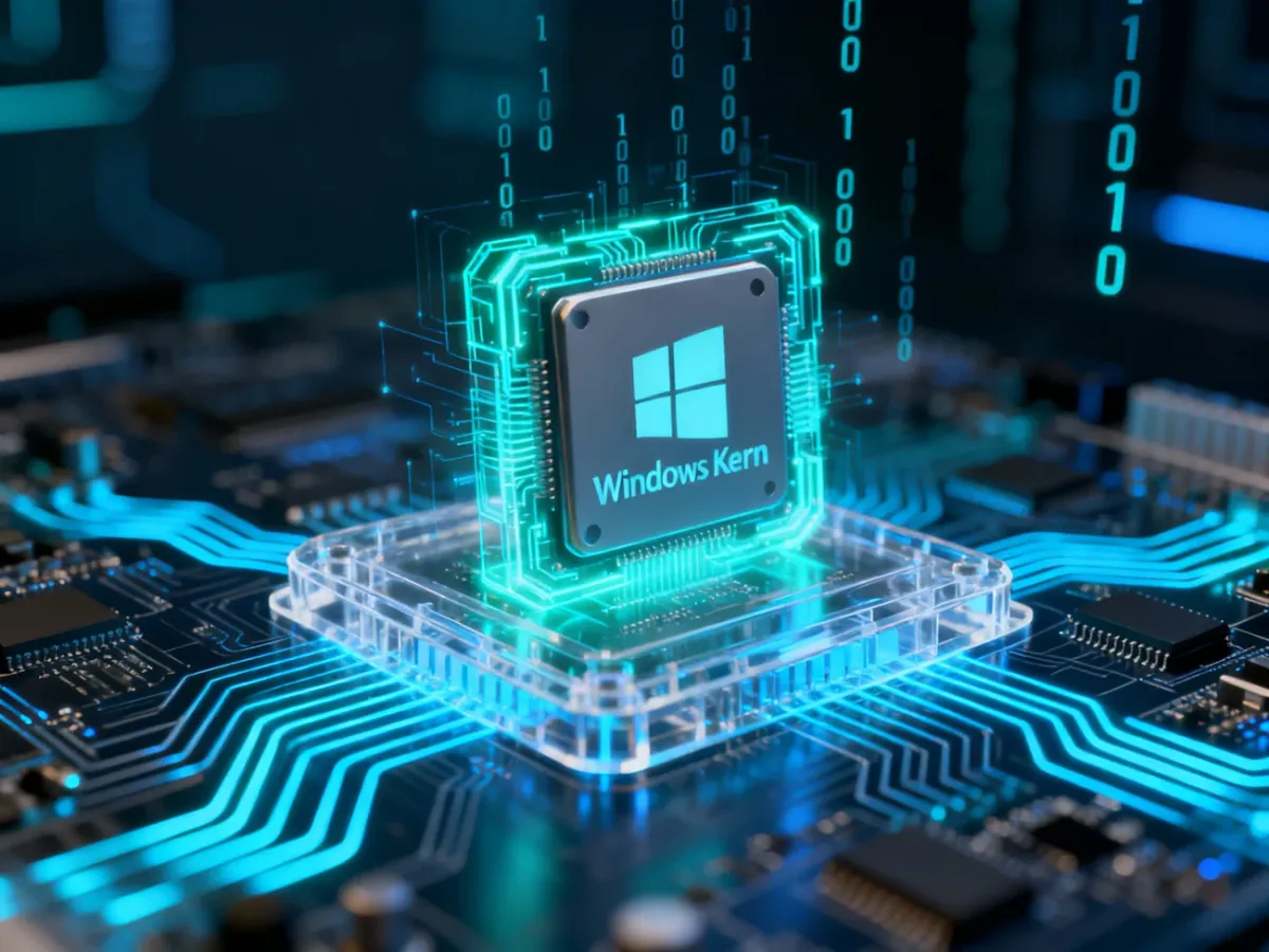 Wizualizacja cyfrowego rdzenia systemu Windows z podświetlonymi obwodami płyty głównej, symbolizująca działanie jądra systemu.