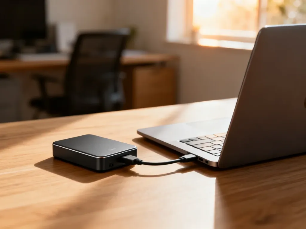 Zewnętrzny dysk twardy podłączony do laptopa na biurku, gotowy do wykonania kopii zapasowej systemu.