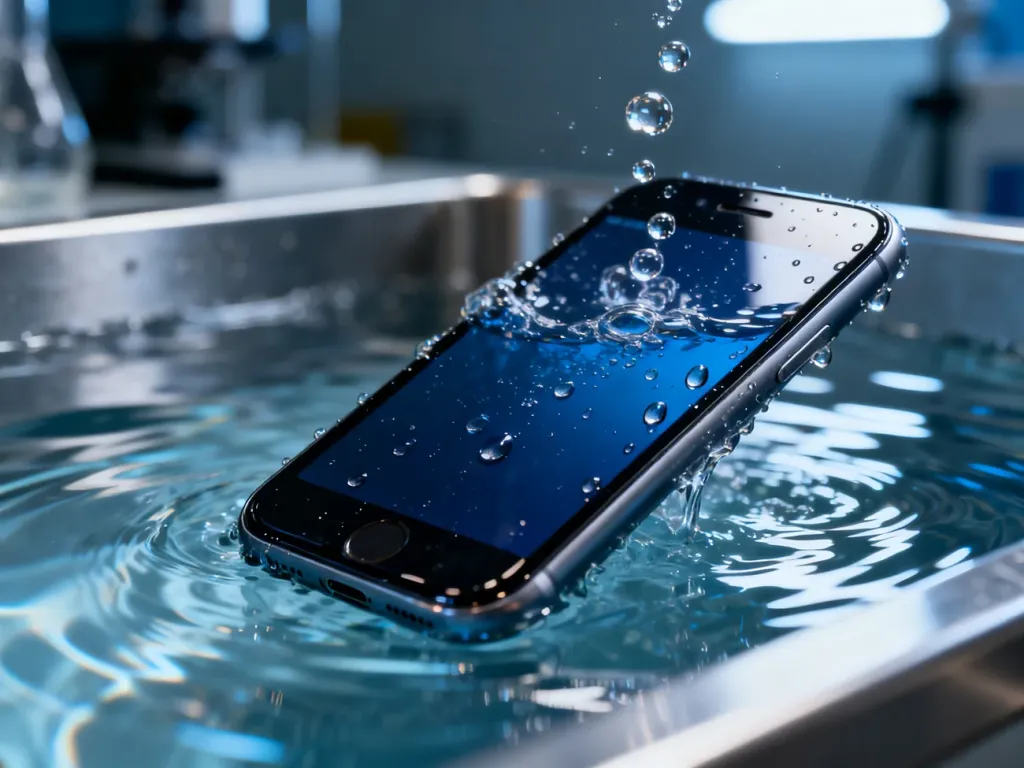 Nowoczesny smartfon zanurzony w wodzie, ilustrujący wysoką klasę wodoszczelności urządzenia.