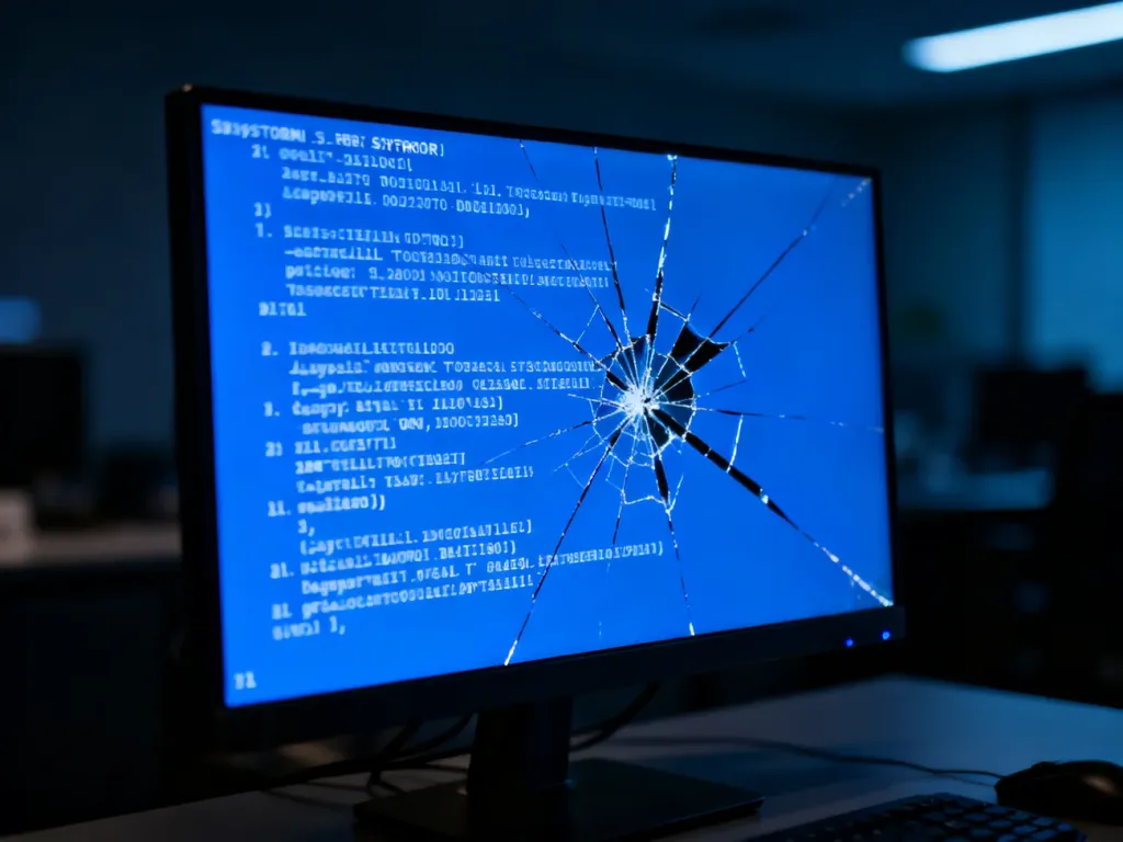 Pęknięty monitor komputerowy wyświetlający niebieski ekran błędu systemu w ciemnym biurze.