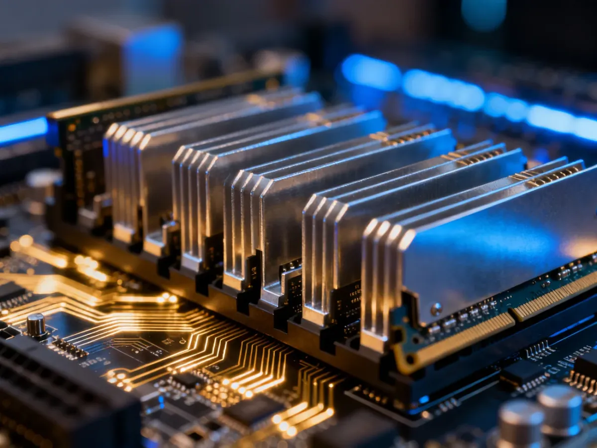 Nowoczesne kości pamięci RAM zamontowane na płycie głównej z podświetleniem LED, podkreślające zaawansowaną technologię sprzętu.