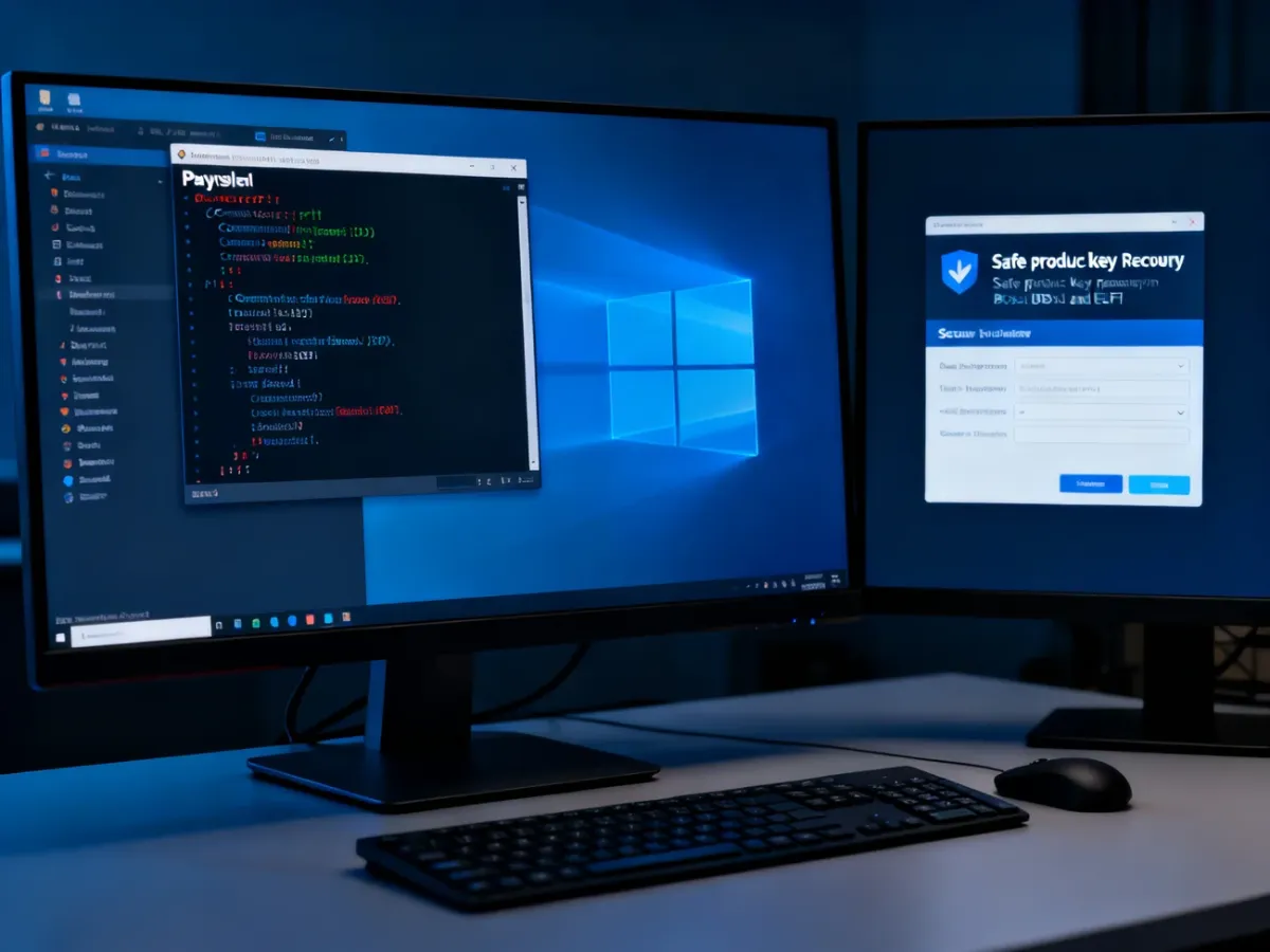 Komputer z konsolami CMD i PowerShell używanymi do odczytu klucza Windows