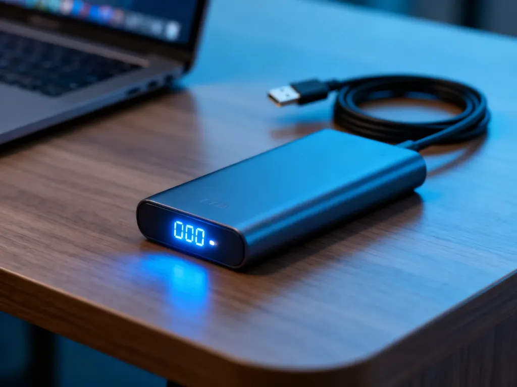Nowoczesny powerbank z wskaźnikiem naładowania na drewnianym biurku, obok laptopa i kabla USB-C.