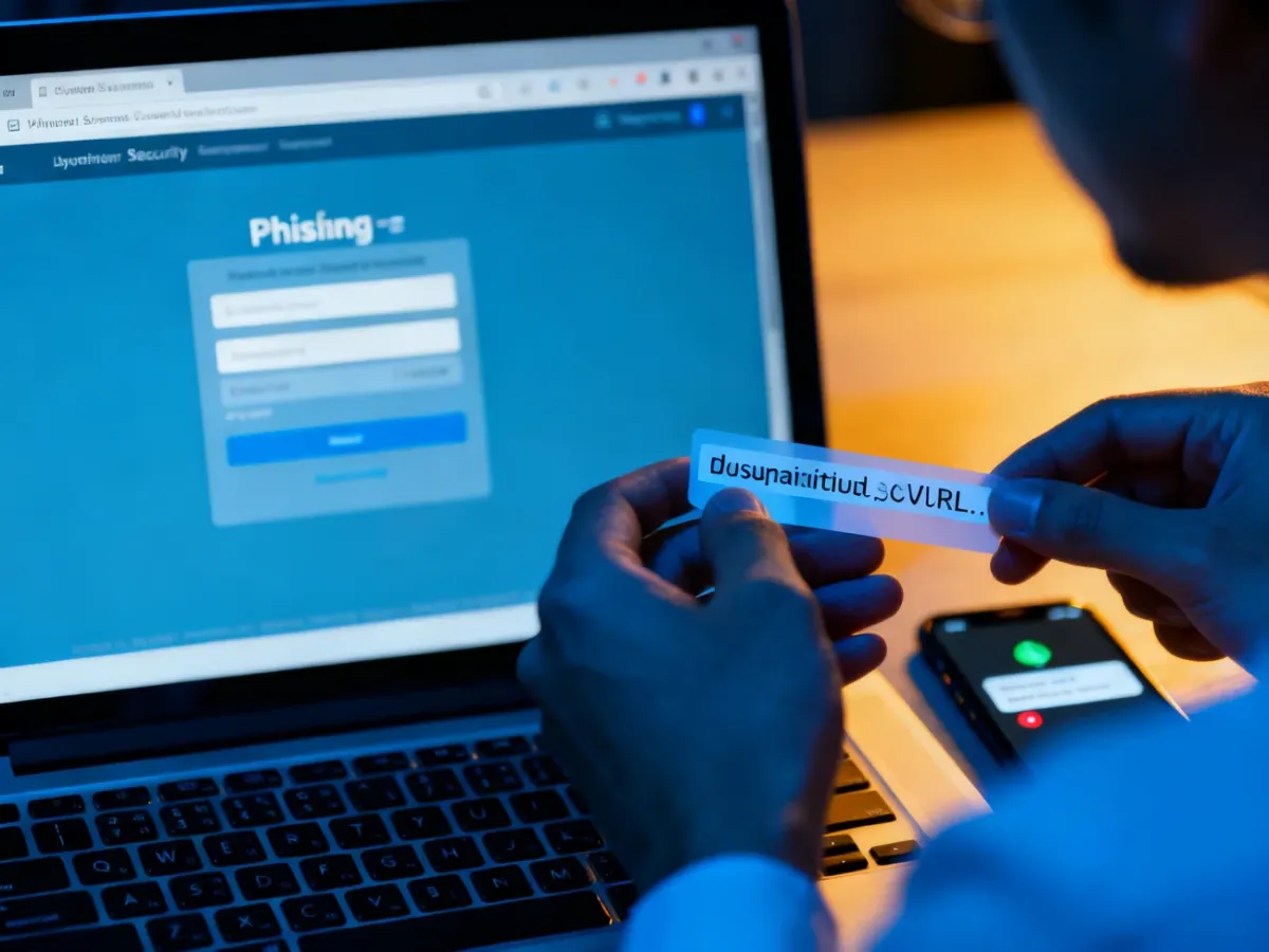 Osoba analizująca podejrzany adres URL na ekranie laptopa