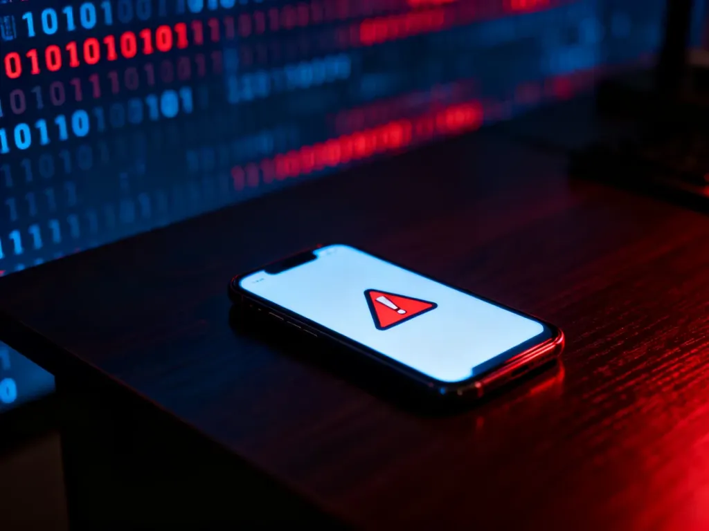Świecący smartfon z ikoną ostrzeżenia na tle cyfrowego kodu, symbolizujący zagrożenie cyberbezpieczeństwa.