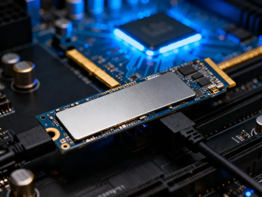 Dysk NVMe M.2 zamontowany na płycie głównej komputera, podkreślający nowoczesną technologię i szybkość przesyłu danych.