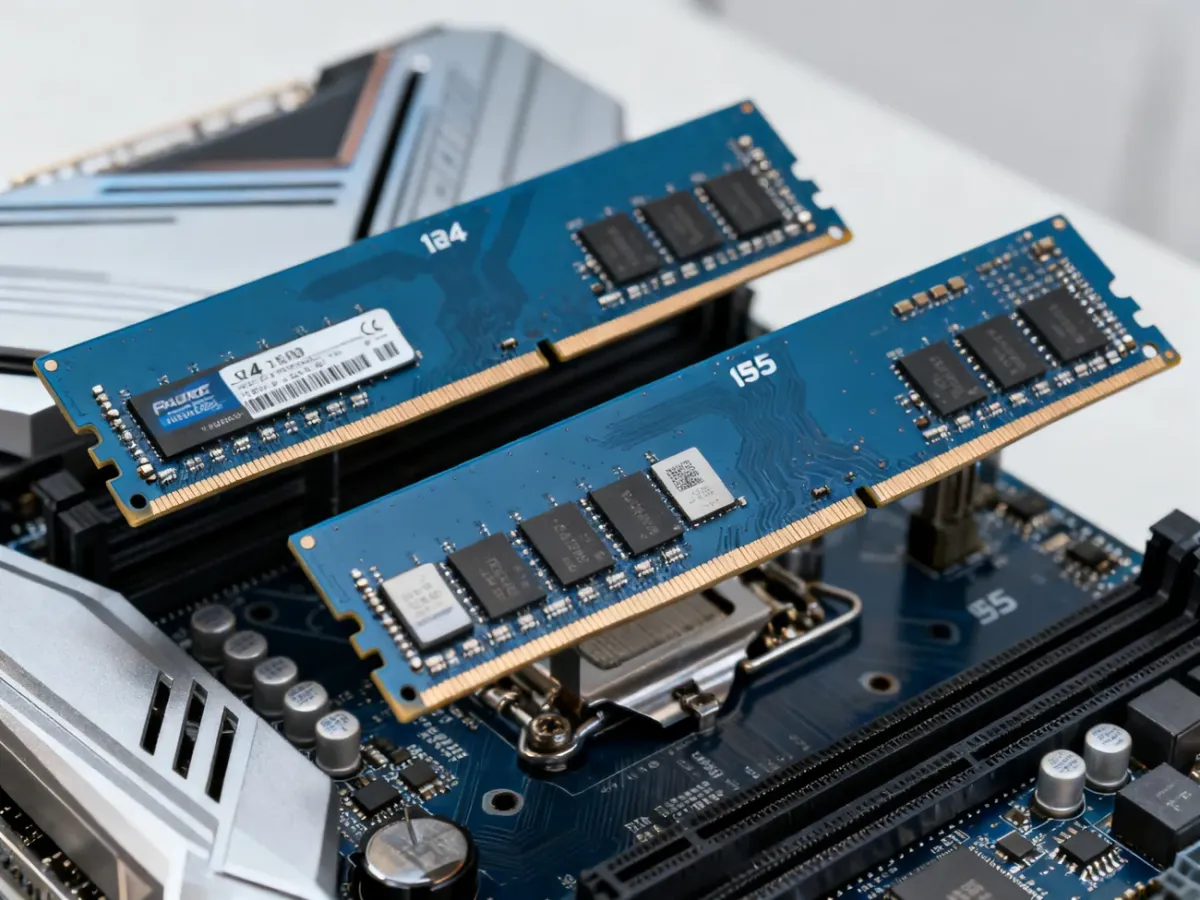 Moduły pamięci DDR4 i DDR5 obok płyty głównej, z widocznymi różnicami w budowie