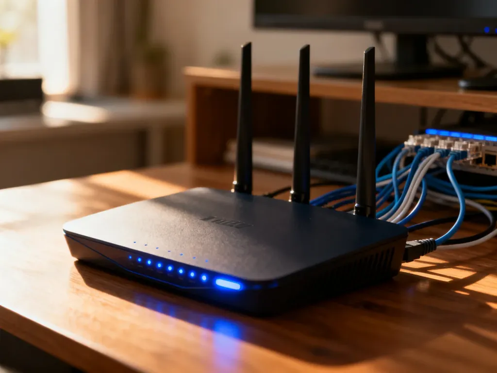 Nowoczesny router z diodami LED na drewnianym biurku w domowym biurze, symbolizujący działanie sieci i technologii NAT.
