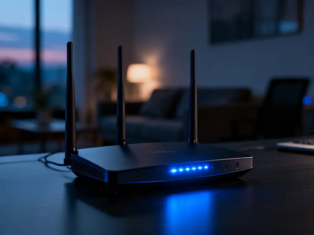 Nowoczesny router Wi-Fi z podświetleniem LED w minimalistycznym biurze, podkreślający zaawansowaną technologię sieciową.