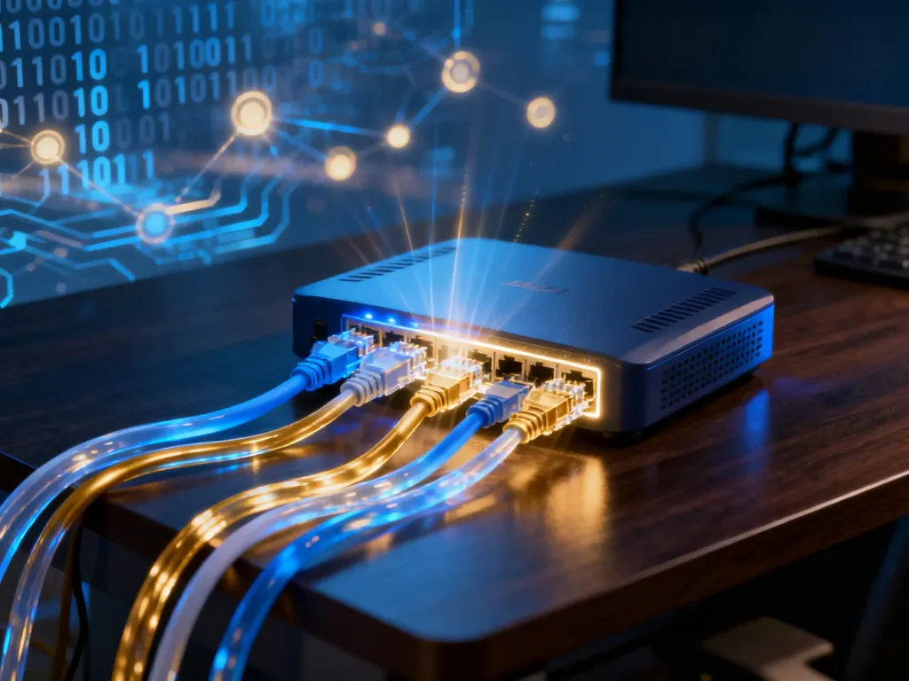 Świecący router z podłączonymi kablami danych, symbolizujący przesył informacji przez porty sieciowe w technologii cyfrowej.