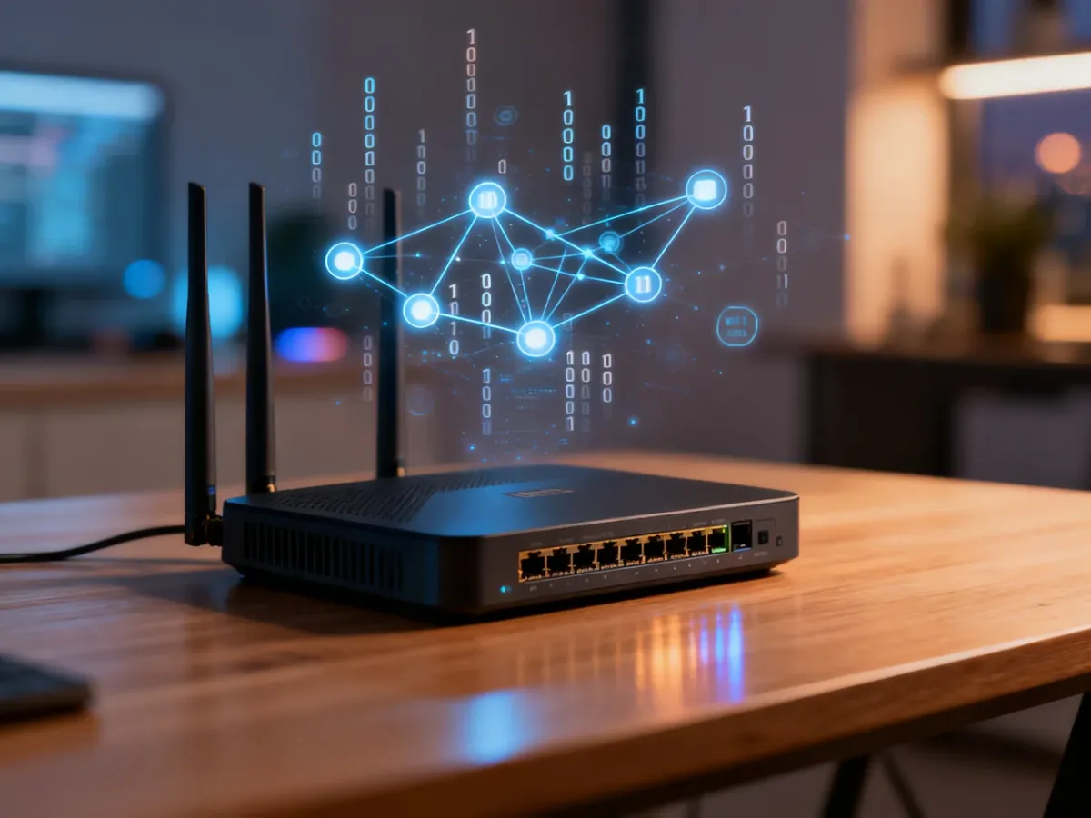 Nowoczesny router na drewnianym biurku z cyfrową wizualizacją sieci w tle, symbolizujący połączenia internetowe.